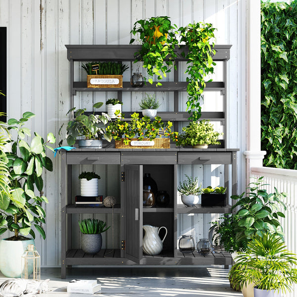 Topmax 66" Farmhouse Outdoor Potting Bench – Solid Fir Wood Garden Workstation with Drawers, Storage Cabinet & 4-Tier Shelves – Gray