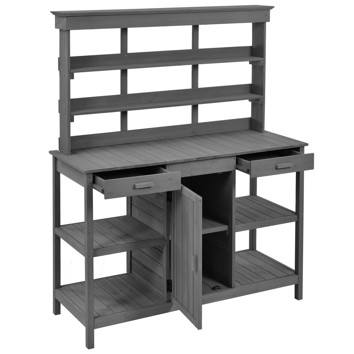 Topmax 66" Farmhouse Outdoor Potting Bench – Solid Fir Wood Garden Workstation with Drawers, Storage Cabinet & 4-Tier Shelves – Gray