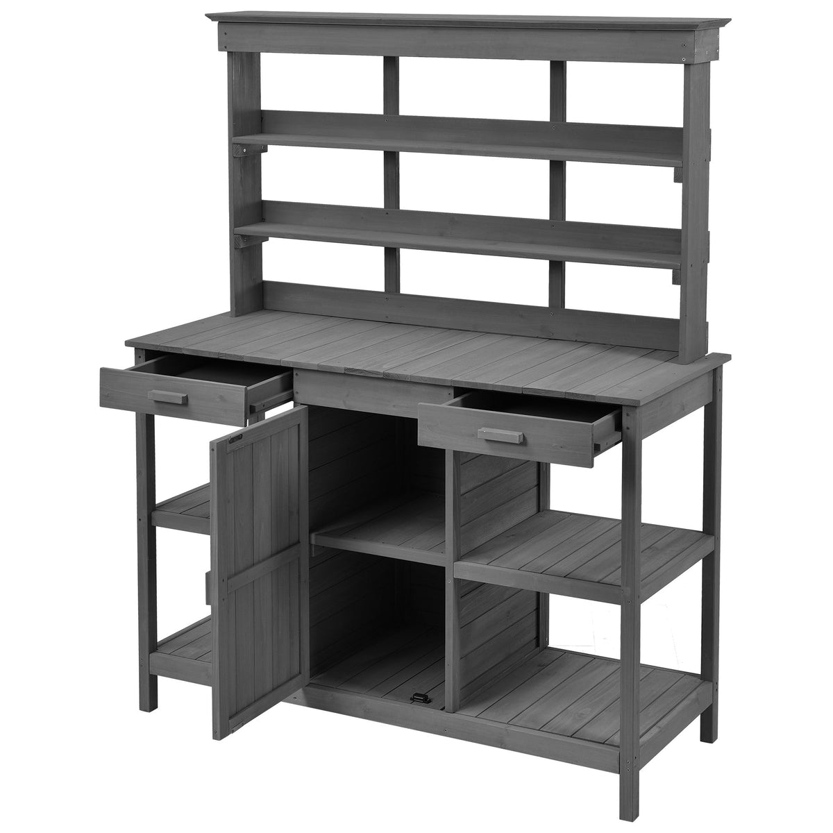 Topmax 66" Farmhouse Outdoor Potting Bench – Solid Fir Wood Garden Workstation with Drawers, Storage Cabinet & 4-Tier Shelves – Gray
