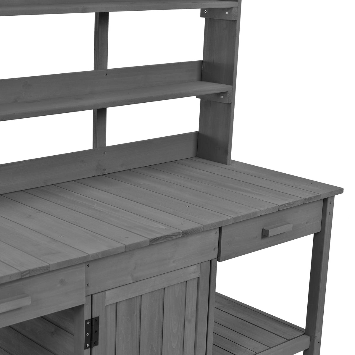 Topmax 66" Farmhouse Outdoor Potting Bench – Solid Fir Wood Garden Workstation with Drawers, Storage Cabinet & 4-Tier Shelves – Gray