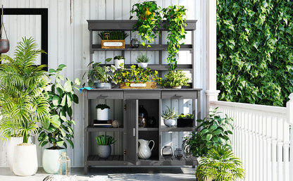 Topmax 66" Farmhouse Outdoor Potting Bench – Solid Fir Wood Garden Workstation with Drawers, Storage Cabinet & 4-Tier Shelves – Gray