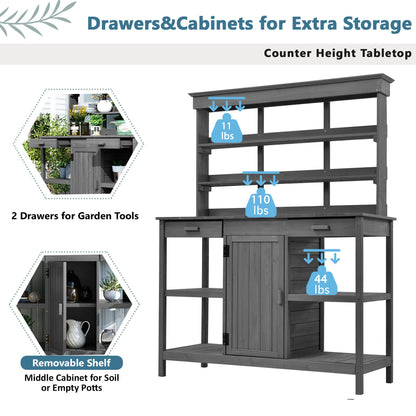 Topmax 66" Farmhouse Outdoor Potting Bench – Solid Fir Wood Garden Workstation with Drawers, Storage Cabinet & 4-Tier Shelves – Gray