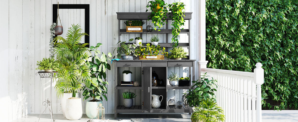 Topmax 66" Farmhouse Outdoor Potting Bench – Solid Fir Wood Garden Workstation with Drawers, Storage Cabinet & 4-Tier Shelves – Gray