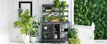 Topmax 66" Farmhouse Outdoor Potting Bench – Solid Fir Wood Garden Workstation with Drawers, Storage Cabinet & 4-Tier Shelves – Gray