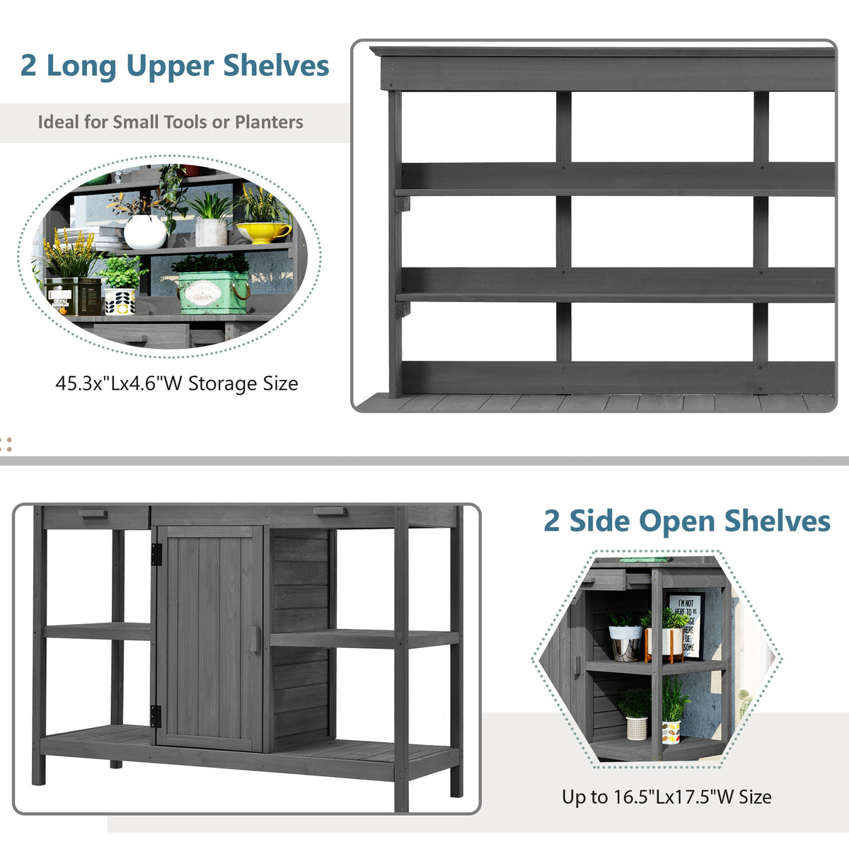 Topmax 66" Farmhouse Outdoor Potting Bench – Solid Fir Wood Garden Workstation with Drawers, Storage Cabinet & 4-Tier Shelves – Gray