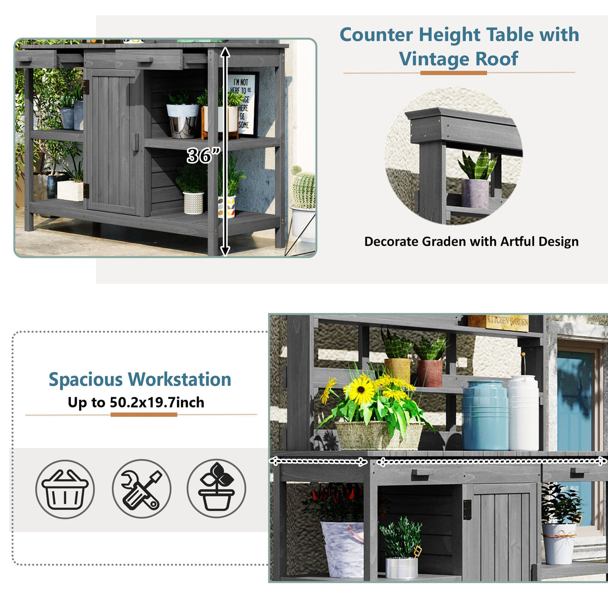 Topmax 66" Farmhouse Outdoor Potting Bench – Solid Fir Wood Garden Workstation with Drawers, Storage Cabinet & 4-Tier Shelves – Gray
