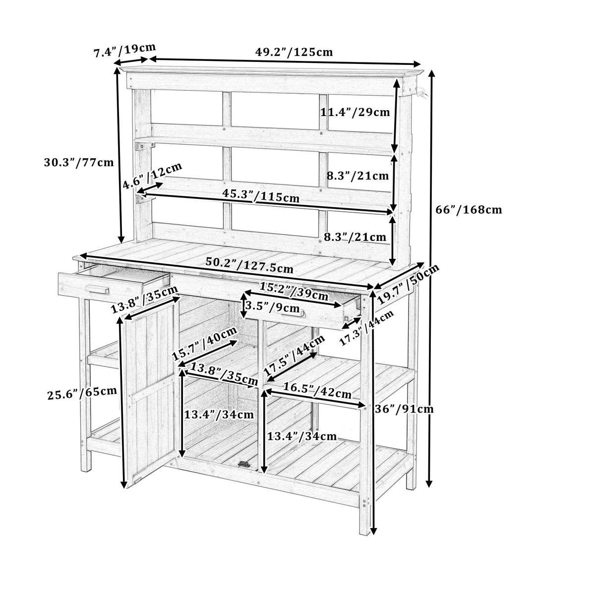 Topmax 66" Farmhouse Outdoor Potting Bench – Solid Fir Wood Garden Workstation with Drawers, Storage Cabinet & 4-Tier Shelves – Gray