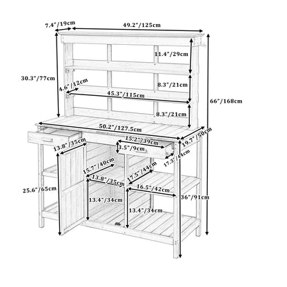Topmax 66" Farmhouse Outdoor Potting Bench – Solid Fir Wood Garden Workstation with Drawers, Storage Cabinet & 4-Tier Shelves – Gray