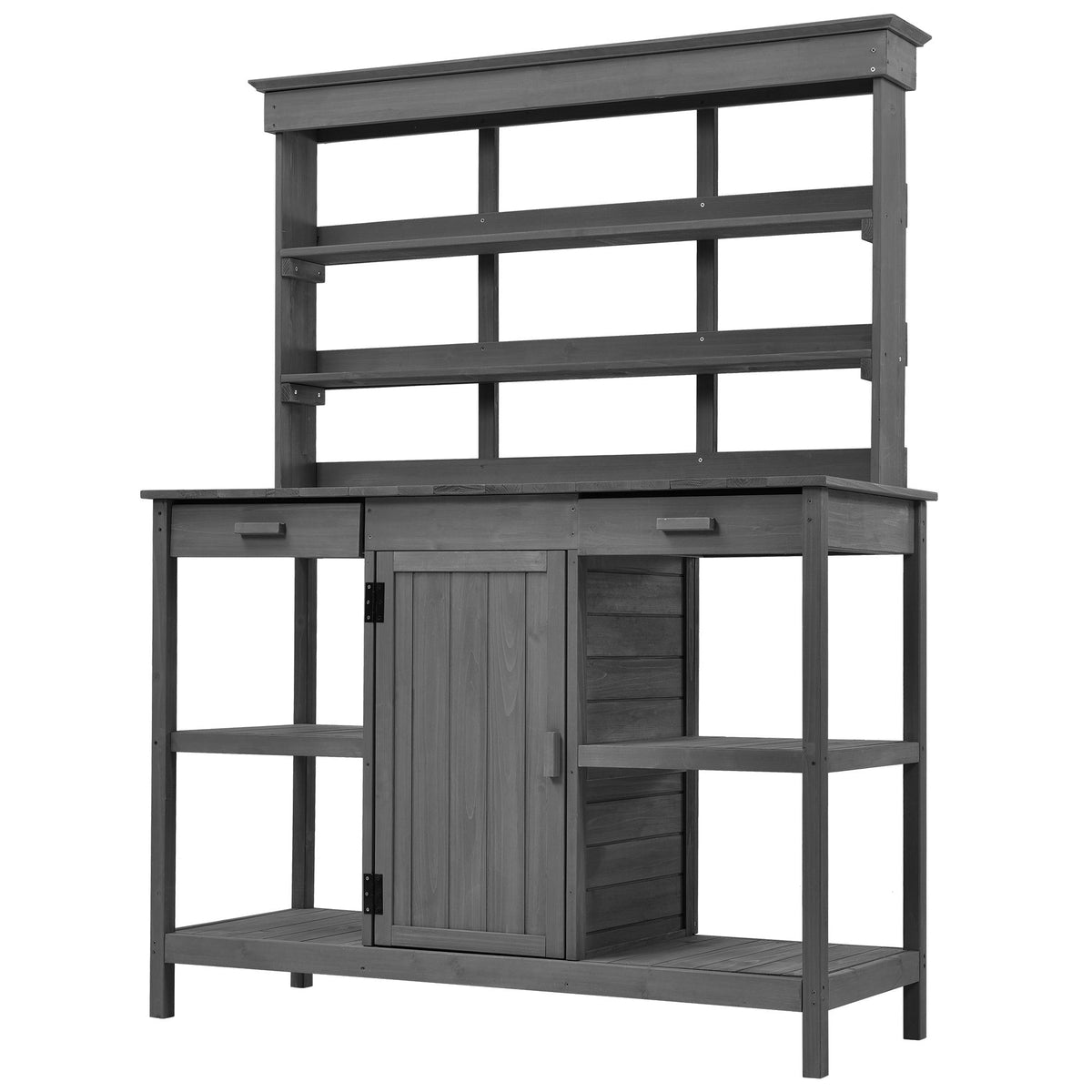 Topmax 66" Farmhouse Outdoor Potting Bench – Solid Fir Wood Garden Workstation with Drawers, Storage Cabinet & 4-Tier Shelves – Gray