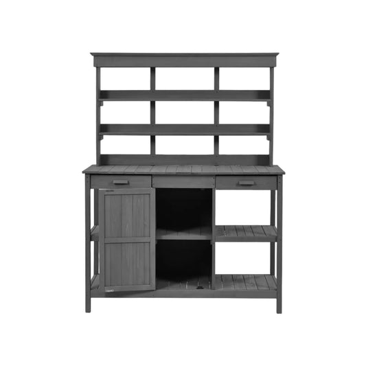 Topmax 66" Farmhouse Outdoor Potting Bench – Solid Fir Wood Garden Workstation with Drawers, Storage Cabinet & 4-Tier Shelves – Gray