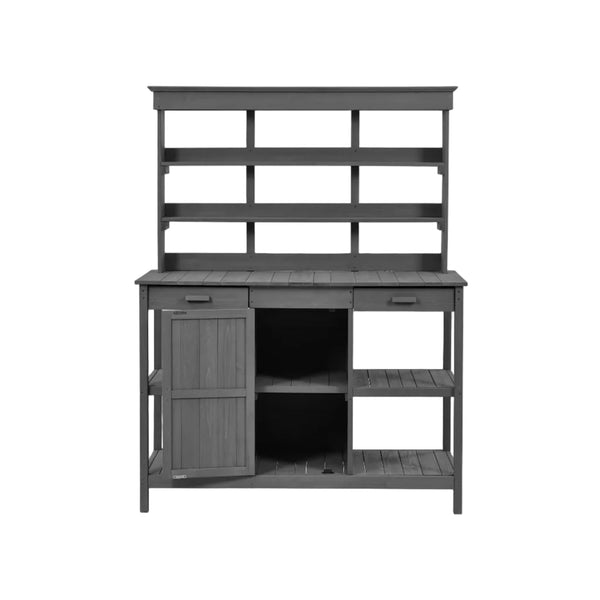 Topmax 66" Farmhouse Outdoor Potting Bench – Solid Fir Wood Garden Workstation with Drawers, Storage Cabinet & 4-Tier Shelves – Gray
