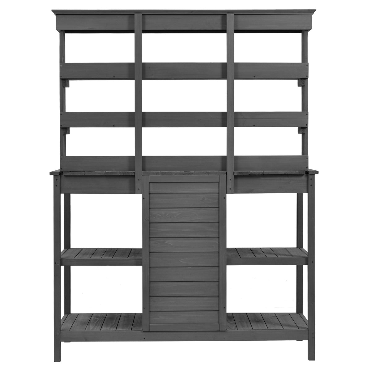 Topmax 66" Farmhouse Outdoor Potting Bench – Solid Fir Wood Garden Workstation with Drawers, Storage Cabinet & 4-Tier Shelves – Gray