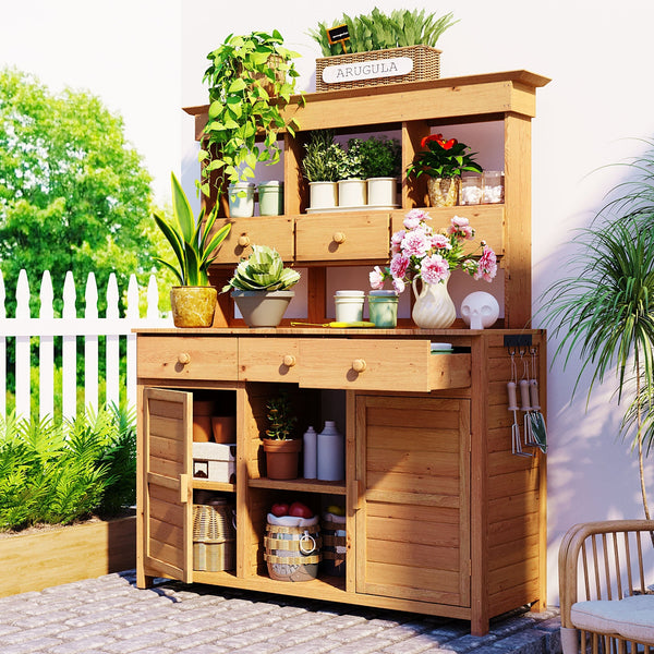 65.7" Wooden Garden Potting Bench with Hutch – 6 Drawers, 2 Storage Cabinets & Adjustable Shelves