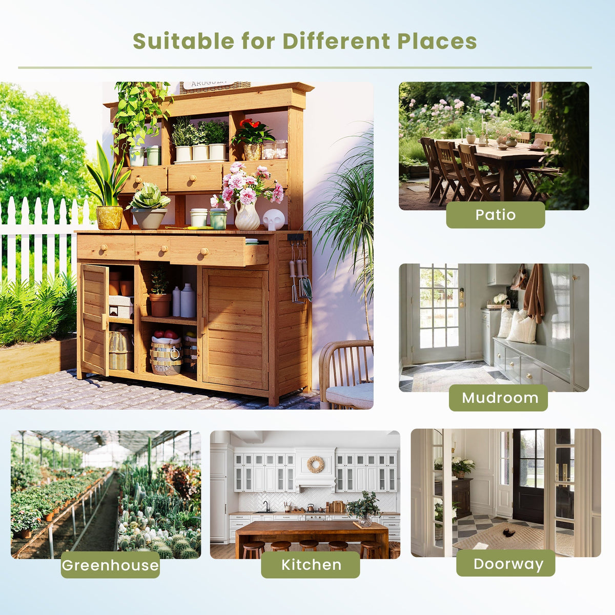 65.7" Wooden Garden Potting Bench with Hutch – 6 Drawers, 2 Storage Cabinets & Adjustable Shelves