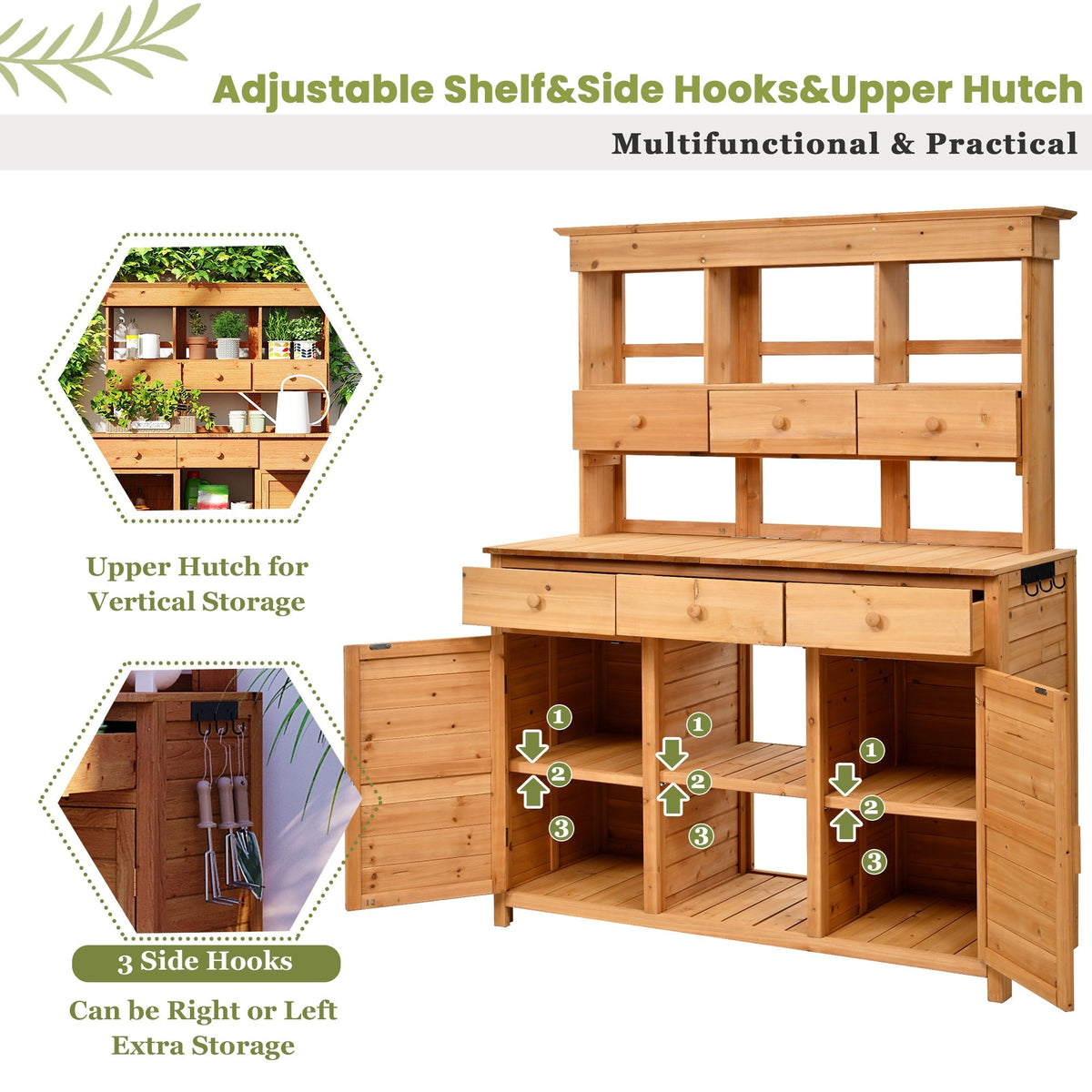 65.7" Wooden Garden Potting Bench with Hutch – 6 Drawers, 2 Storage Cabinets & Adjustable Shelves