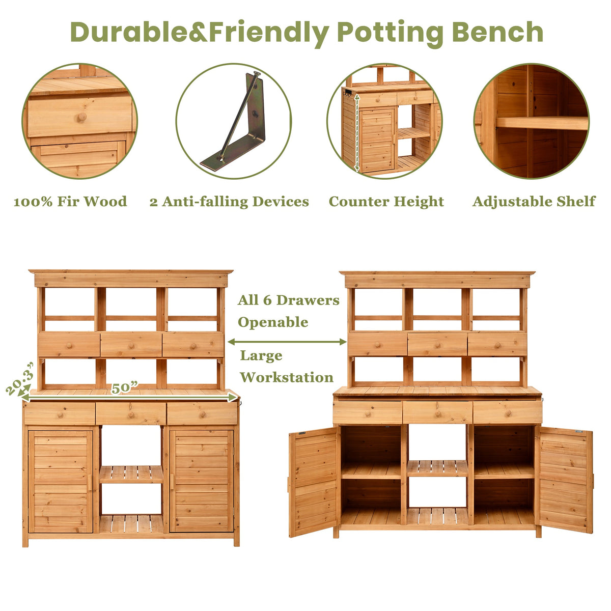 65.7" Wooden Garden Potting Bench with Hutch – 6 Drawers, 2 Storage Cabinets & Adjustable Shelves