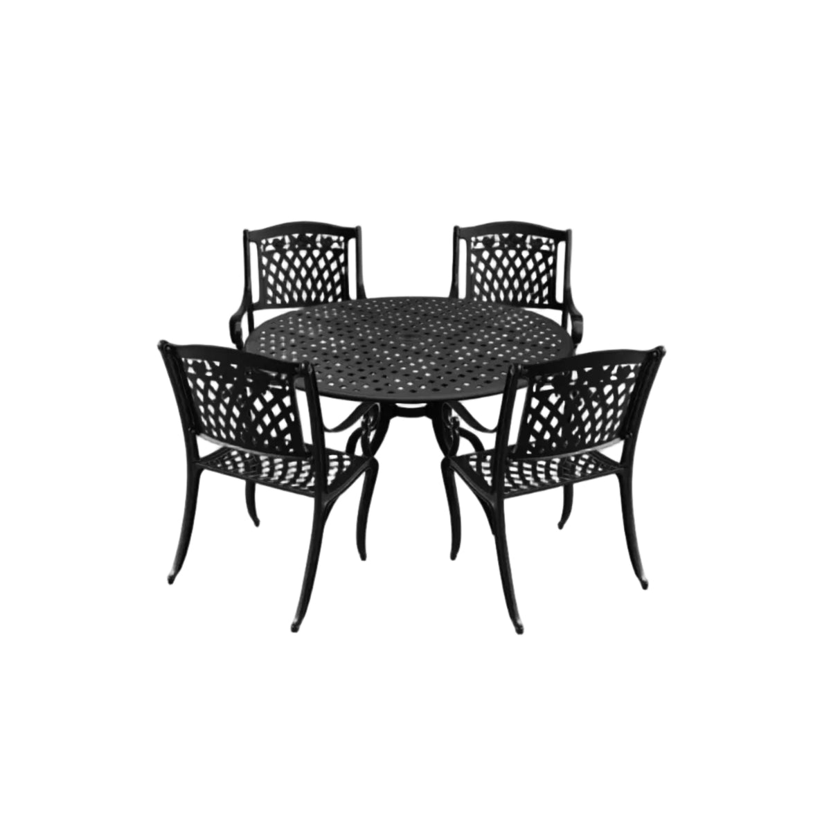 42" Round Black Aluminum Outdoor Dining Set – Modern Mesh Table with 4 UV‑Resistant Aluminum Chairs