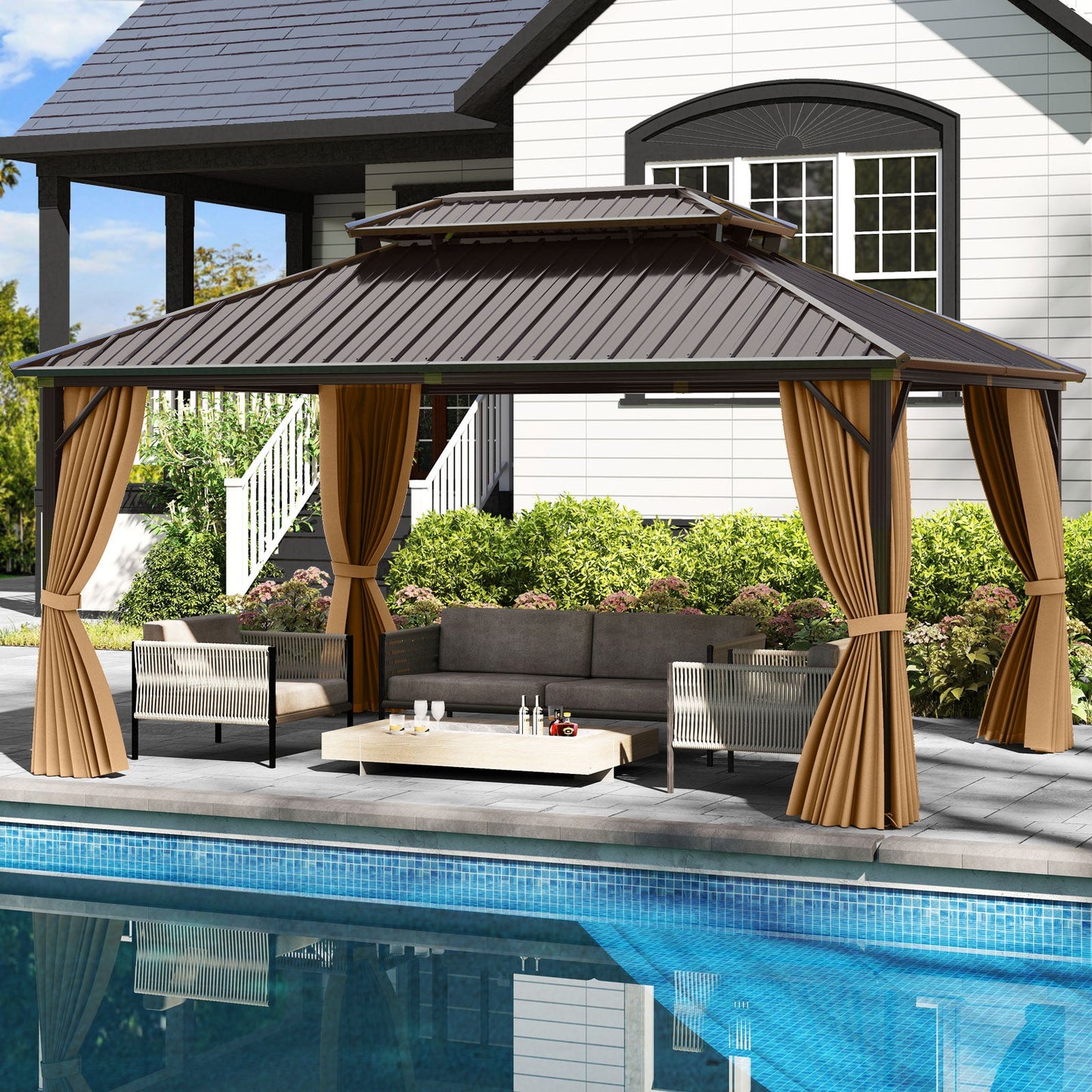 16 x 12 Feet Hardtop Gazebo Aluminum Frame Permanent Pavilion with Curtains and Netting-Coffee