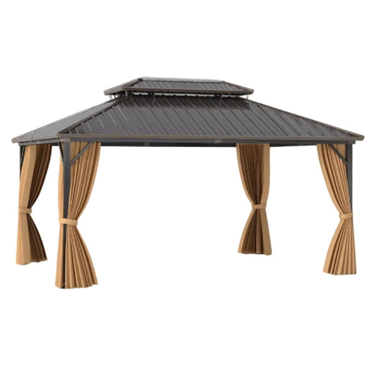 16 x 12 Feet Hardtop Gazebo Aluminum Frame Permanent Pavilion with Curtains and Netting-Coffee