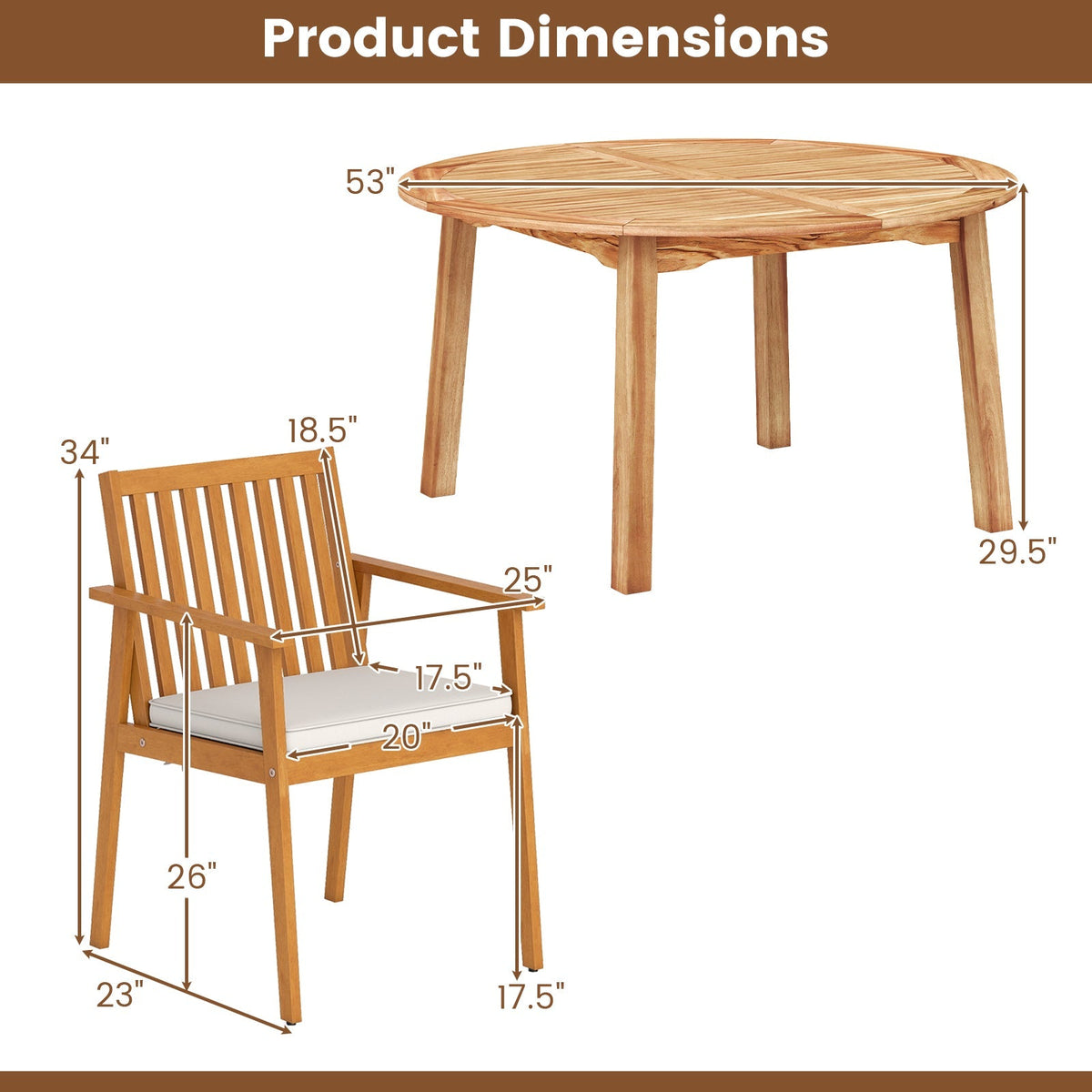5 Pieces Acacia Wood Patio Dining Set with Umbrella Hole