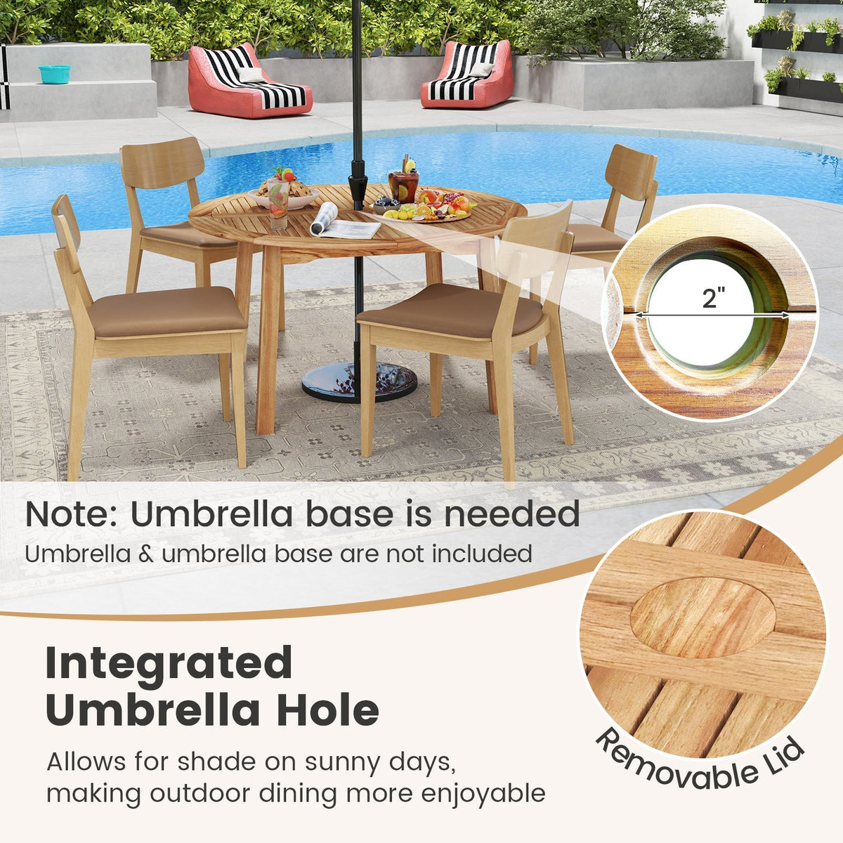 5 Pieces Acacia Wood Patio Dining Set with Umbrella Hole
