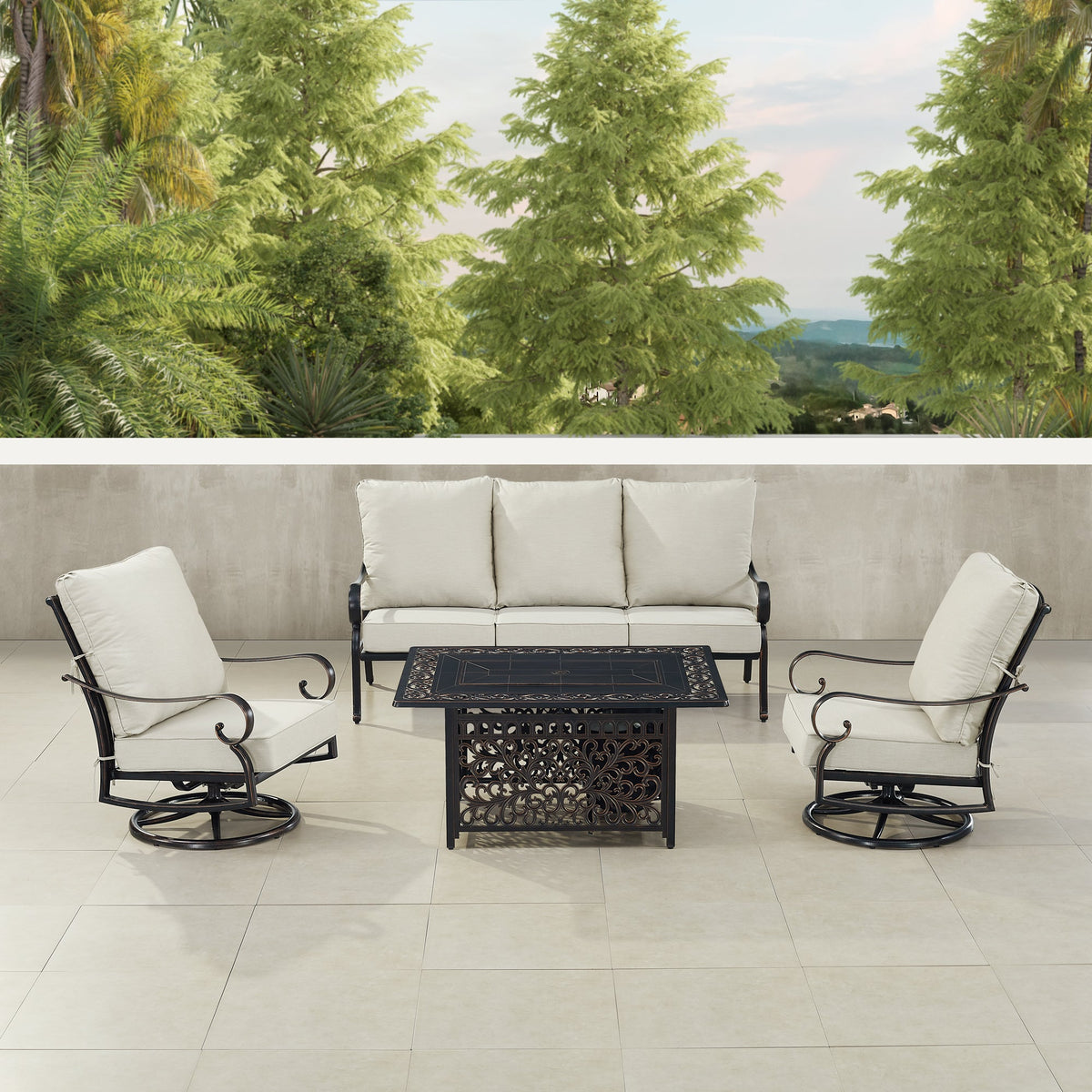 Outdoor Fire Table Set – Sofa & Swivel Rockers - Antique Copper