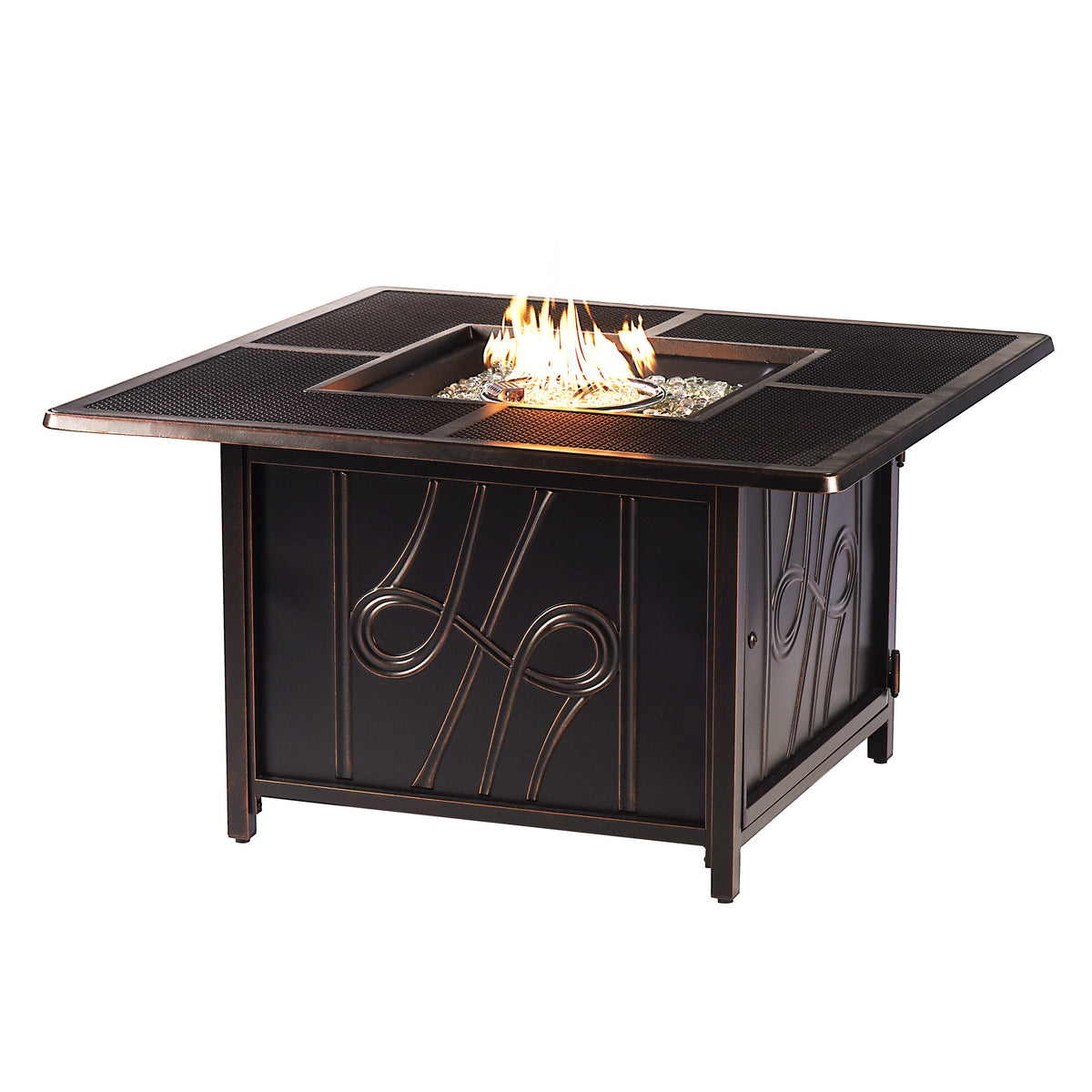 Black Aluminum Fire Table Set with Two Loveseats and Two Club Chairs