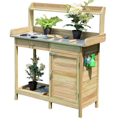 Outdoor Wooden Garden Potting Bench – Solid Wood Workstation with Metal Tabletop, Storage Drawer & Removable Shelf