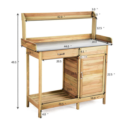 Outdoor Wooden Garden Potting Bench – Solid Wood Workstation with Metal Tabletop, Storage Drawer & Removable Shelf