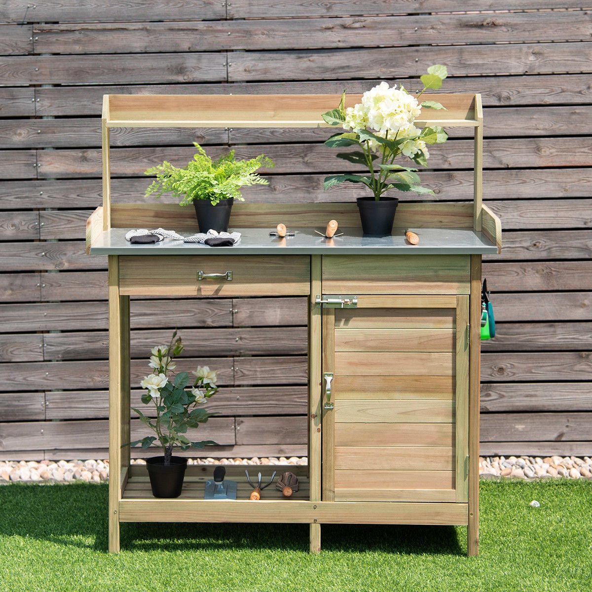 Outdoor Wooden Garden Potting Bench – Solid Wood Workstation with Metal Tabletop, Storage Drawer & Removable Shelf