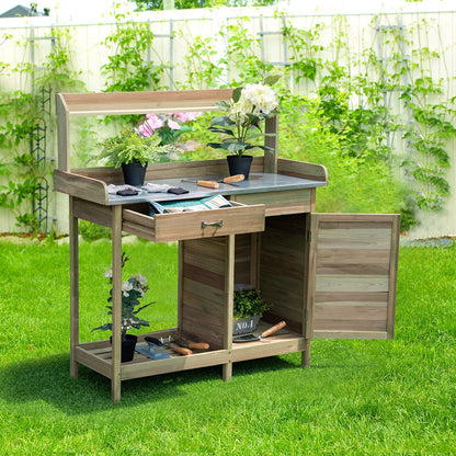 Outdoor Wooden Garden Potting Bench – Solid Wood Workstation with Metal Tabletop, Storage Drawer & Removable Shelf