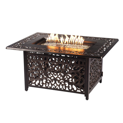 48" Aluminum Rectangular Fire Table Set – Outdoor Fire Table with 4 Deep Seating Swivel Rocking Chairs
