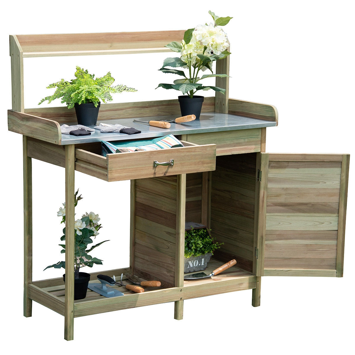 Outdoor Wooden Garden Potting Bench – Solid Wood Workstation with Metal Tabletop, Storage Drawer & Removable Shelf