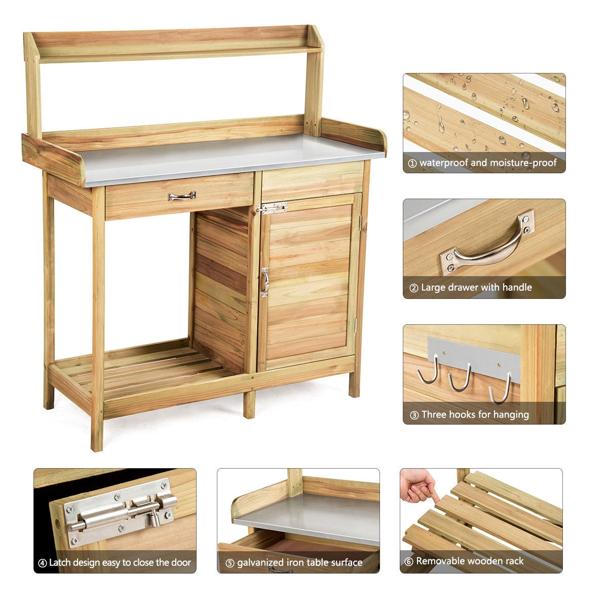 Outdoor Wooden Garden Potting Bench – Solid Wood Workstation with Metal Tabletop, Storage Drawer & Removable Shelf