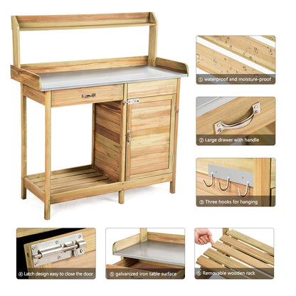 Outdoor Wooden Garden Potting Bench – Solid Wood Workstation with Metal Tabletop, Storage Drawer & Removable Shelf
