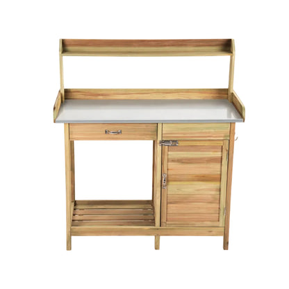 Outdoor Wooden Garden Potting Bench – Solid Wood Workstation with Metal Tabletop, Storage Drawer & Removable Shelf