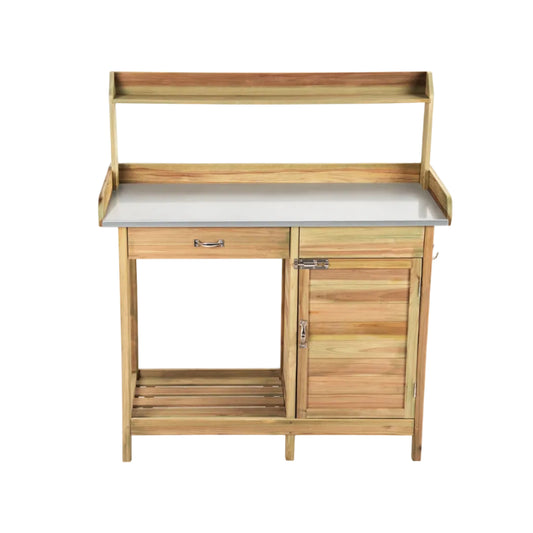 Outdoor Wooden Garden Potting Bench – Solid Wood Workstation with Metal Tabletop, Storage Drawer & Removable Shelf