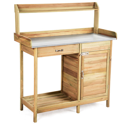 Outdoor Wooden Garden Potting Bench – Solid Wood Workstation with Metal Tabletop, Storage Drawer & Removable Shelf