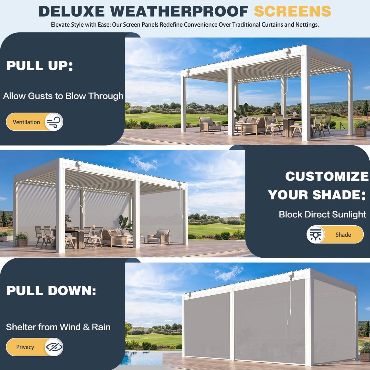 Alora Louvered Aluminum Pergola With Adjustable Roof And Pull-Down Screens