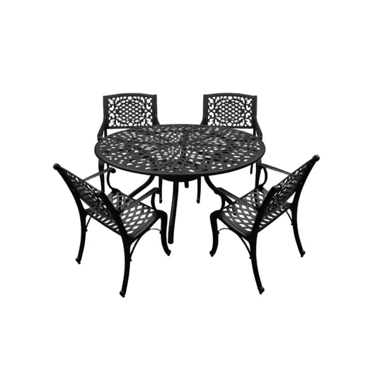 48" Black Mesh Aluminum Patio Dining Set – Round Table - 4 Chairs