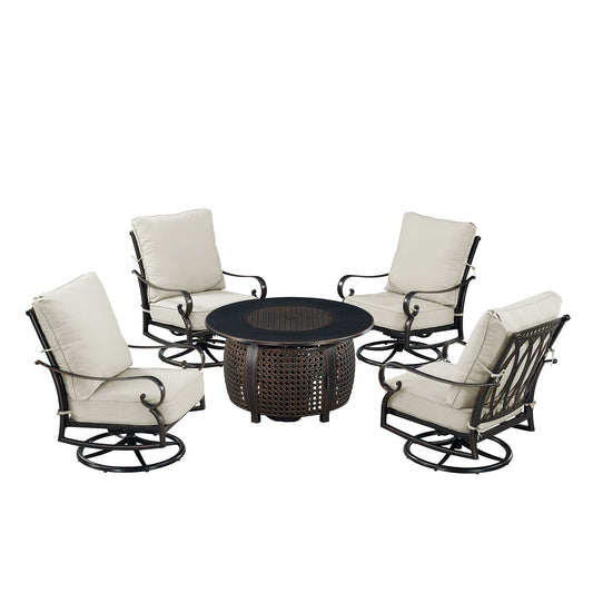 5-Piece Fire Table Set with Four Deep‑Seating Swivel Rocking Chairs – Antique Copper Finish