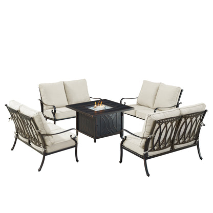 Black Aluminum Fire Table Set with Four Deep Seating Loveseats